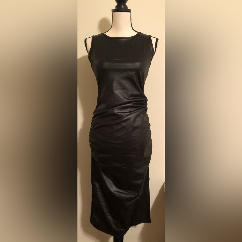 Dress; Vegan ‘Leather’; Bodycon; Side Ruching; Sleeveless; Black